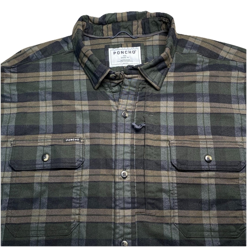 Poncho Original Flannel Shirt 2XL Mens L/S Regular Button Up Dark Green Plaid